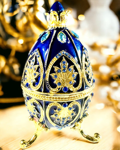 Exkluzív Fabergé Tojás - sötétkék színű – Díszdoboz Ékszereknek Zománcból