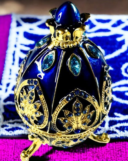 Exkluzív Fabergé Tojás - sötétkék színű – Díszdoboz Ékszereknek Zománcból