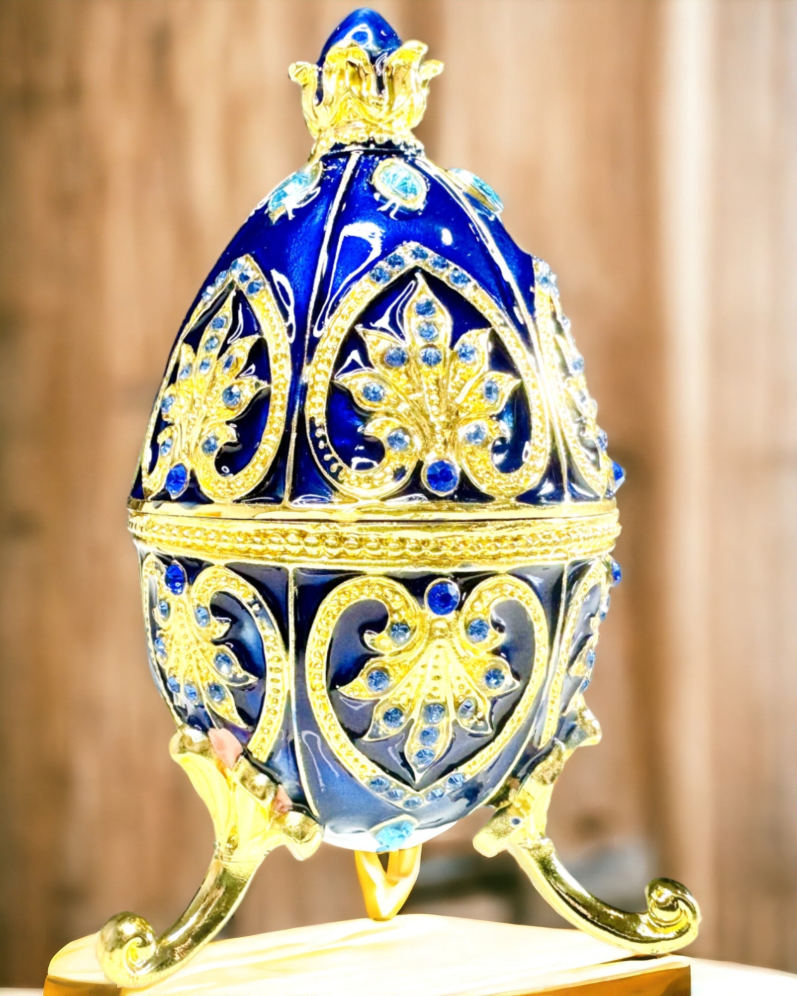 Exkluzív Fabergé Tojás - sötétkék színű – Díszdoboz Ékszereknek Zománcból