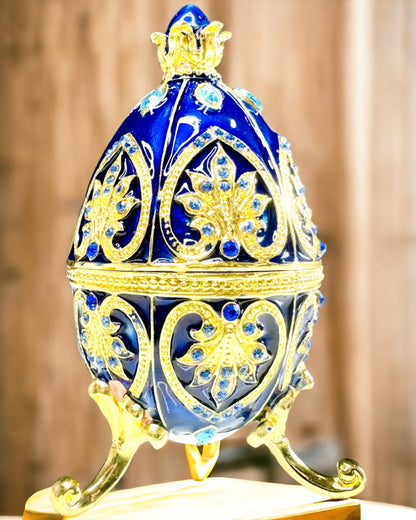 Exkluzív Fabergé Tojás - sötétkék színű – Díszdoboz Ékszereknek Zománcból