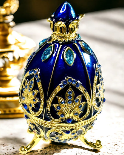 Exkluzív Fabergé Tojás - sötétkék színű – Díszdoboz Ékszereknek Zománcból