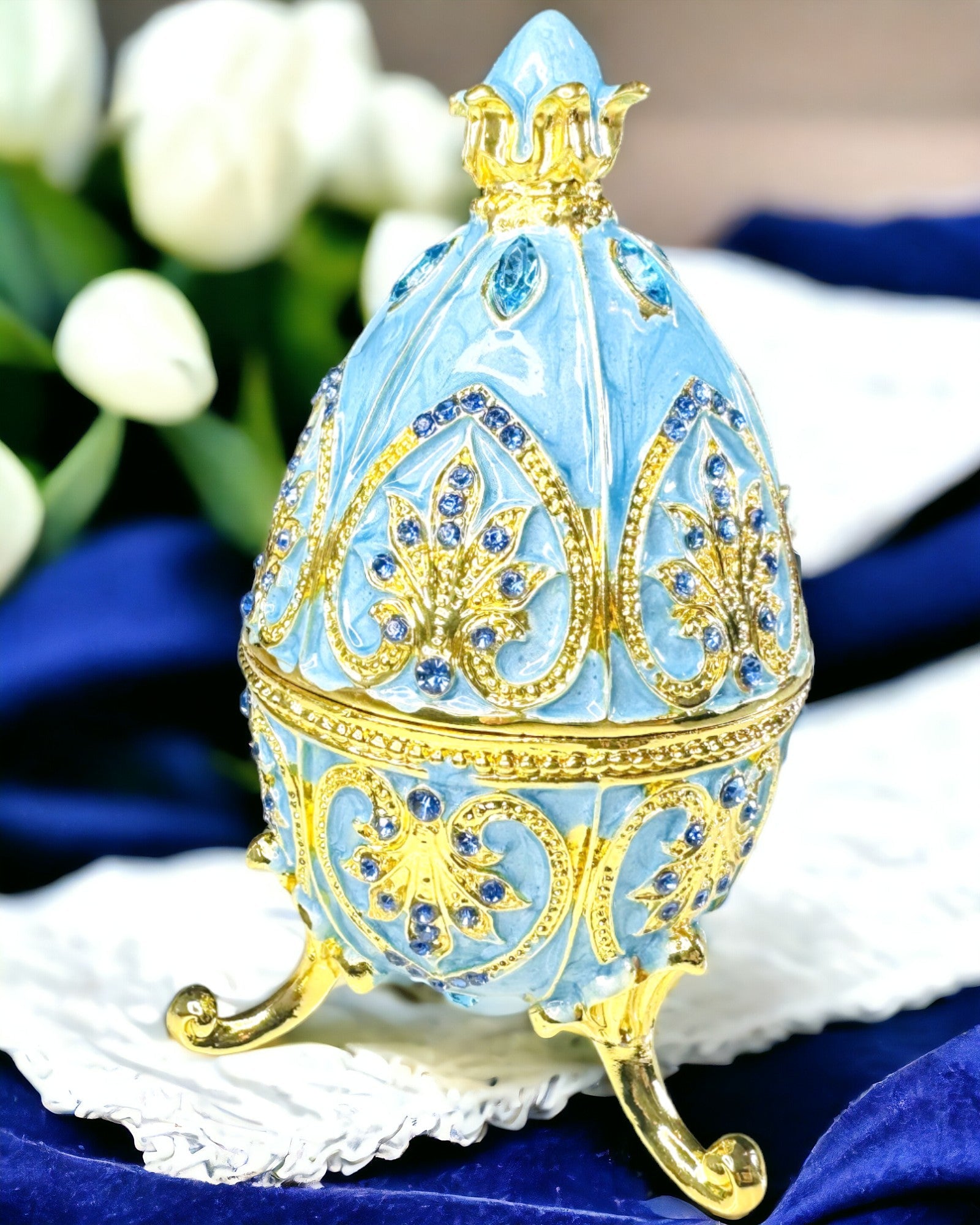 Mennybéli Fabergé Tojás – Emailozott Ékszer Szervező - szín: kék ég. Személyre szabás gravírozással.